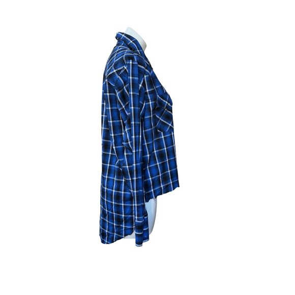 Re/Done Altered Plaid Western Pearl Snap Shirt Womens High Low Hem Size M Blue - Picture 5 of 6